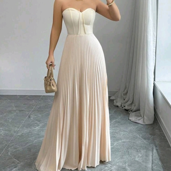 Dresses & Skirts - Apricot Strapless Ruched Waist A-Line Pleated Detail Elegant & Romantic Dress